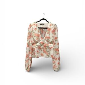 Sugarlips Floral Wrap Blouse - Cream and Pink